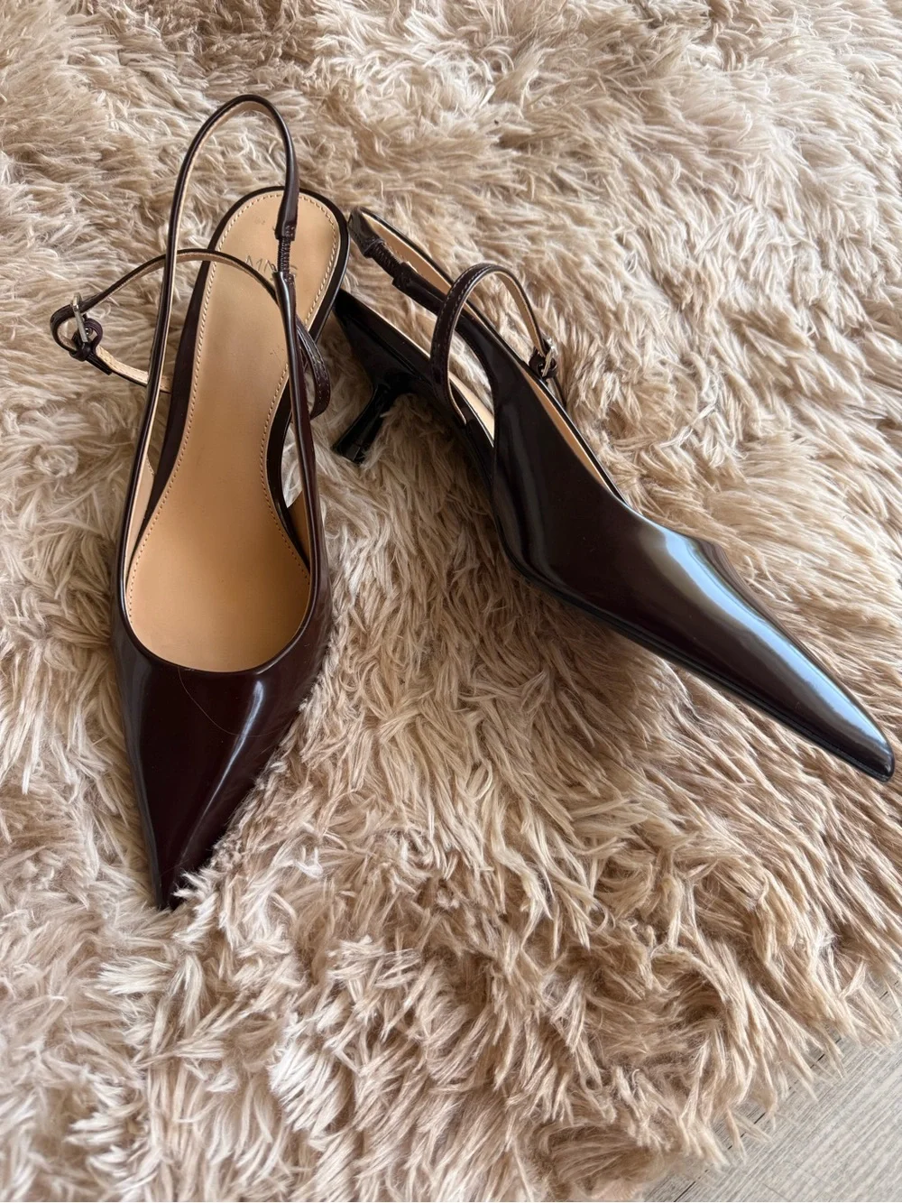Pointed Patent Slingback Heels in Dark Brown